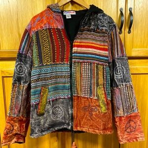 Men's Cotton Patchwork Festival Hippie Hoodie Jacket small